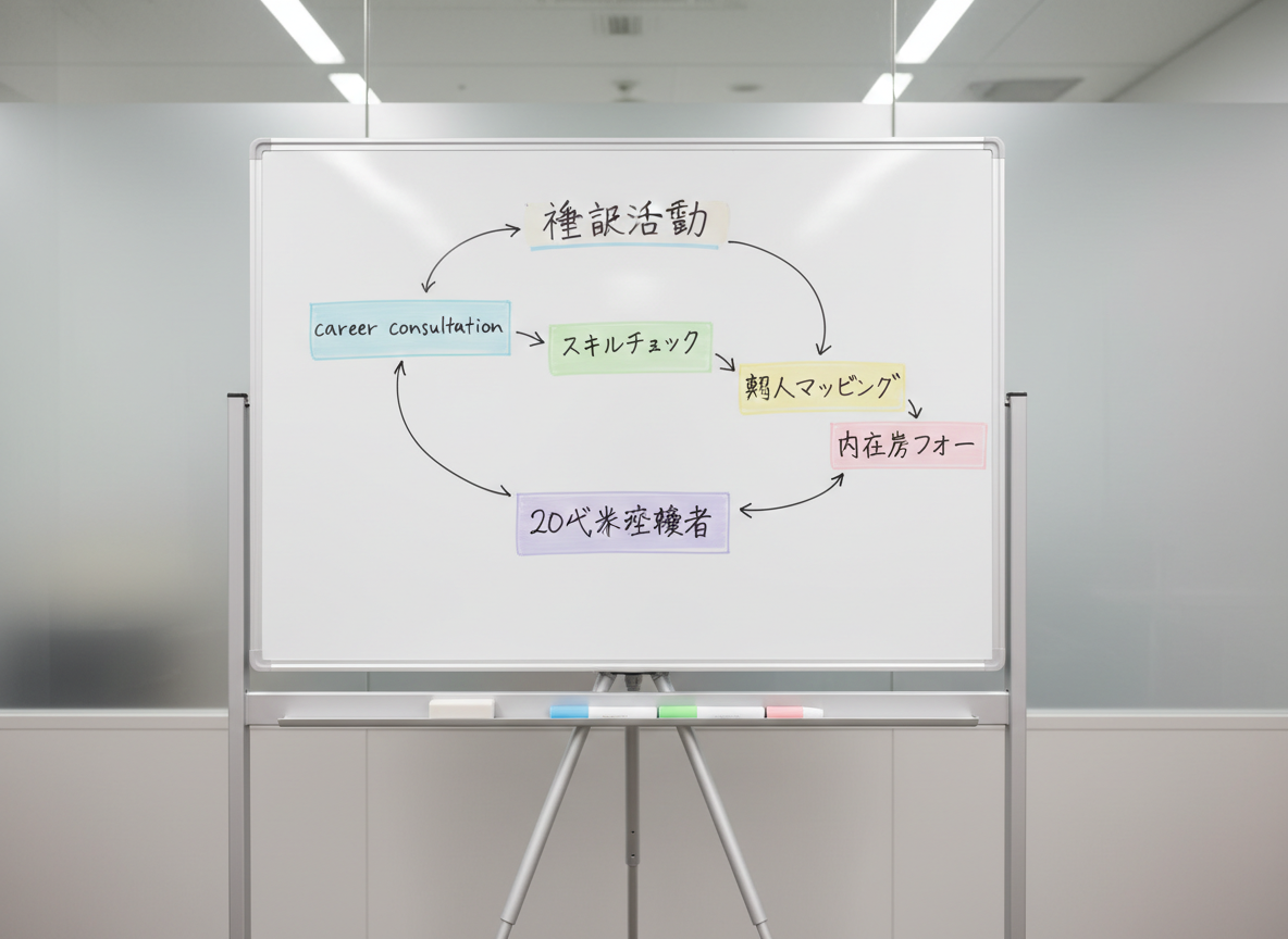 A minimalist whiteboard on a stand, its smooth surface filled with a structured転職活動 strategy: neatly hand-drawn arrows connecting boxes labeled “career consultation”, “skill check”, “job matching”, and “offer follow-up”, each accented with different pastel markers. At the base of the board, an eraser and a row of color markers rest in an integrated tray. The whiteboard stands in a quiet meeting space with pale gray walls and a frosted glass panel in the background, softly out of focus. Gentle, indirect ceiling lighting creates an even, reflection-free glow across the board. Captured straight-on in photographic realism with balanced composition and sharp detail, the mood is clear, strategic, and reassuring, emphasizing structured planning from相談 to内定 for 20代未経験者.