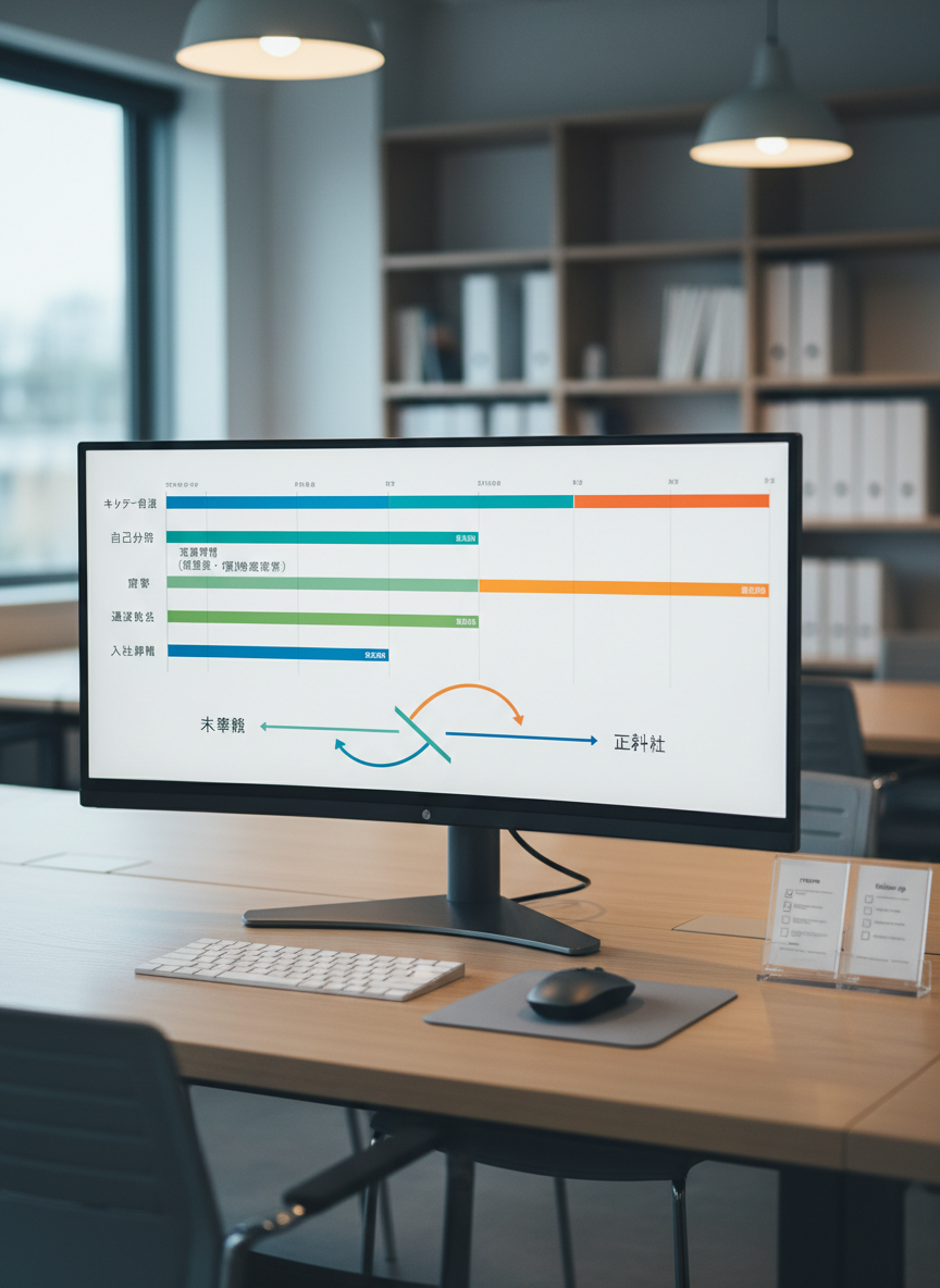 A sleek, modern workspace with a large, ultra-wide computer monitor displaying a detailed Gantt-style timeline of転職活動 steps, from career consultation to job offer, in carefully colored bars. Beside the monitor lies a slim wireless keyboard, a graphite gray mouse, and a small acrylic stand holding concise printed checklists labeled “resume”, “interview”, and “follow-up”. The desk surface is smooth light wood, set against a softly blurred background of neutral-toned office shelves. Cool, diffused afternoon light from a nearby window combines with subtle overhead lighting to create balanced illumination. Shot from a slightly elevated angle in photographic realism, with a professional, focused mood and a clean composition that emphasizes the comprehensive, free support flow from未経験 to正社員.