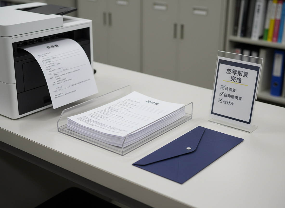 An organized application preparation corner with a laser printer neatly outputting a freshly printed, well-formatted履歴書 onto bright white paper, a stack of completed resumes aligned precisely in a transparent tray, and a refined navy document envelope waiting beside them. Nearby, a small, clear acrylic stand displays a checklist titled “応募書類 完成” with all items checked. The equipment sits on a matte white counter against a soft, blurred backdrop of filing cabinets and tidy shelves. Bright but diffused overhead office lighting provides even illumination without harsh shadows. Photographic realism at a slightly elevated, three-quarter view, with sharp focus and a calm, efficient mood, highlights the practical, behind-the-scenes support in resume creation and application document management for転職活動.