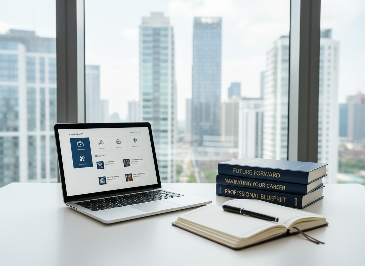 A polished white office desk with an open silver laptop displaying a clean dashboard of career paths and job listings, next to a neatly stacked set of navy blue career guidebooks and a fine-tipped black pen resting on a leather notebook. The desk stands in front of a large city-view window showing softly blurred high-rise buildings and a bright but gentle daytime sky. Natural daylight streams in, illuminating the workspace with soft, even light and creating subtle reflections on the laptop and desk surface. Captured at eye level with a shallow depth of field for photographic realism, the scene feels professional, optimistic, and organized, reflecting full support for young professionals planning a new career as full-time employees.