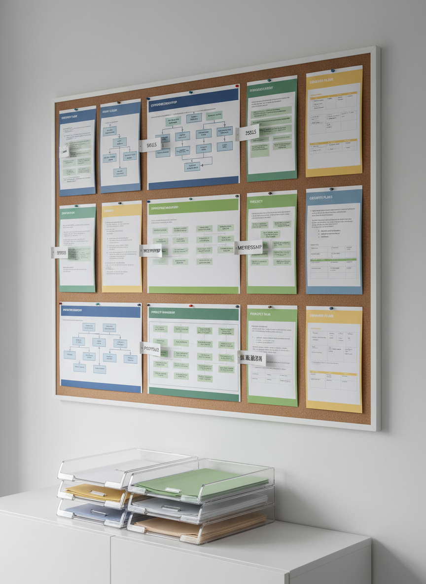 A tidy bulletin board covered in neatly pinned, color-coordinated career roadmaps and printed job descriptions, each sheet on thick, matte white paper with crisp typography and highlighted key phrases. Slim metallic pins hold small labeled tags such as “skills”, “interview prep”, and “growth plan”. The board is mounted on a smooth, light gray office wall above a minimal white console holding organized document trays. Soft studio lighting from above and slightly to the side casts gentle, controlled shadows, emphasizing clarity and structure. Photographic realism at a slightly angled, medium-distance shot, with sharp focus and a clean, modern aesthetic, creates a calm, methodical atmosphere of structured career planning and step-by-step転職支援 for people in their twenties.
