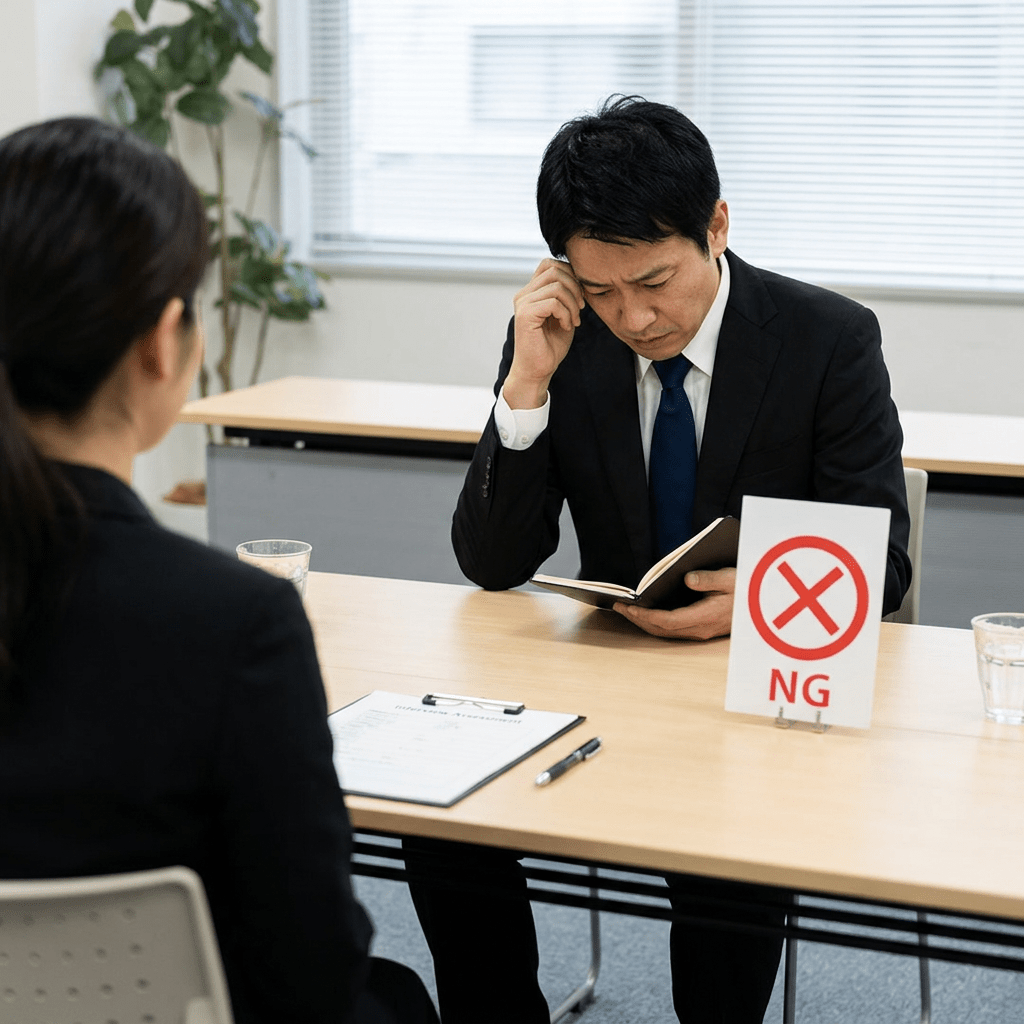 Man in suit looking at notebook with rejection sign on table