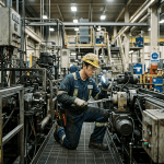 Maintenance worker kneeling and examining factory machinery with a flashlight and wrench
