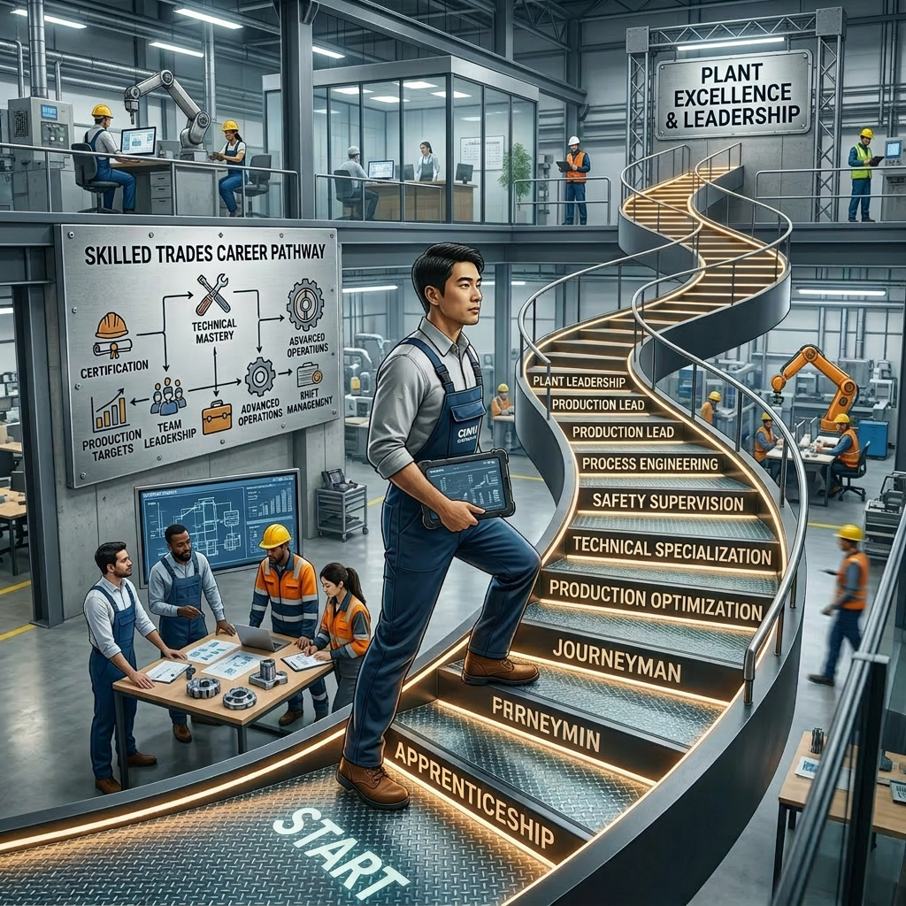 Businesswoman climbing glowing spiral staircase with career success steps labeled