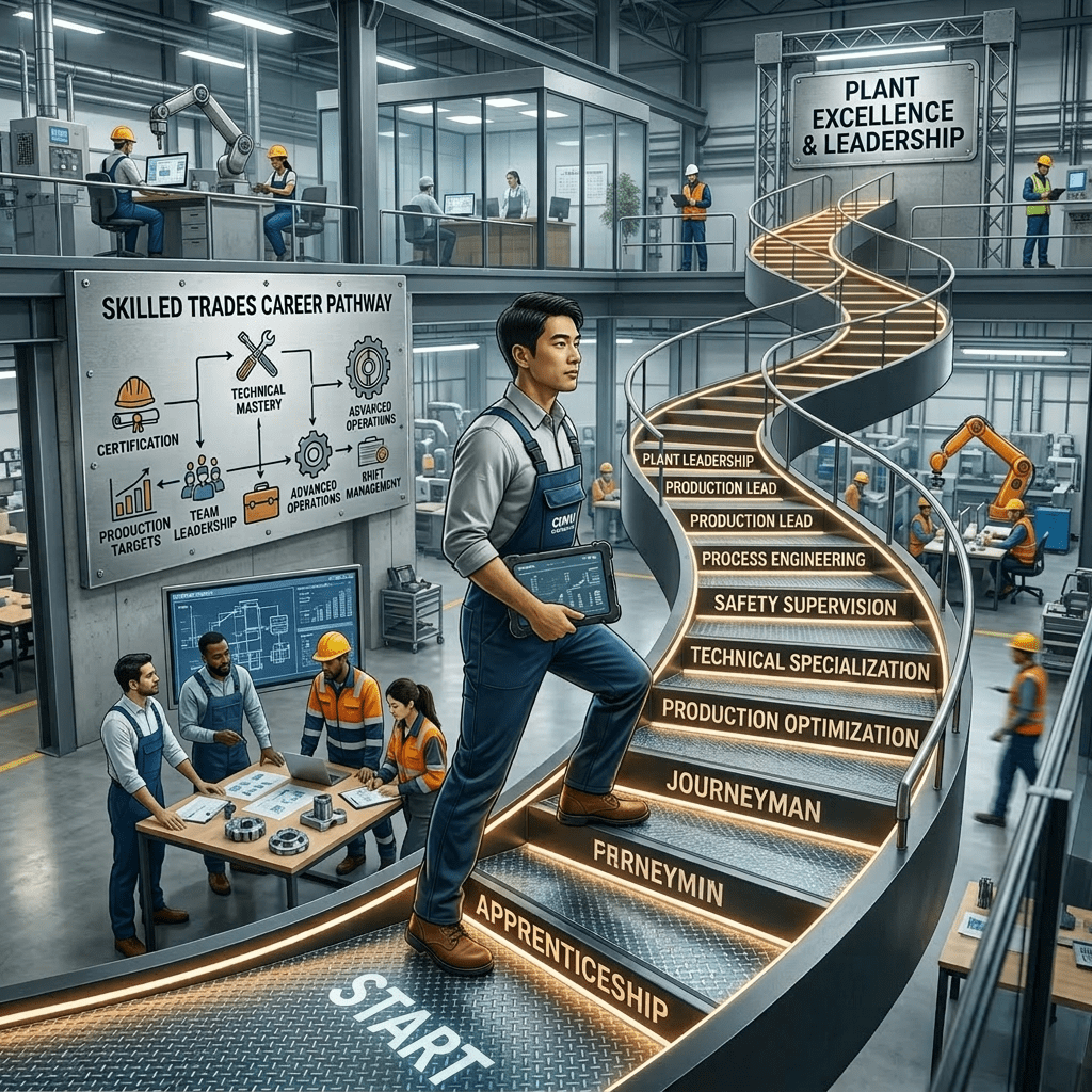 Businesswoman climbing glowing spiral staircase with career success steps labeled