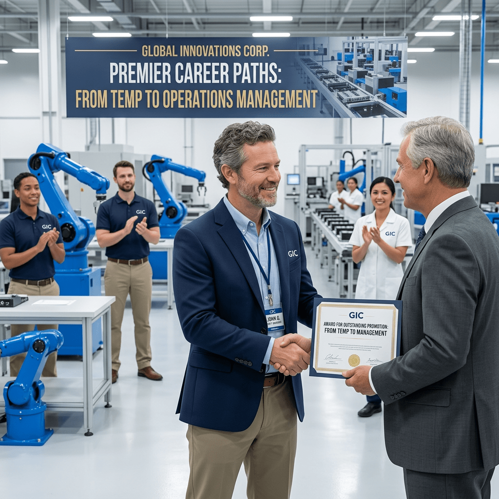 Employee receiving a certificate for career advancement from temp to management