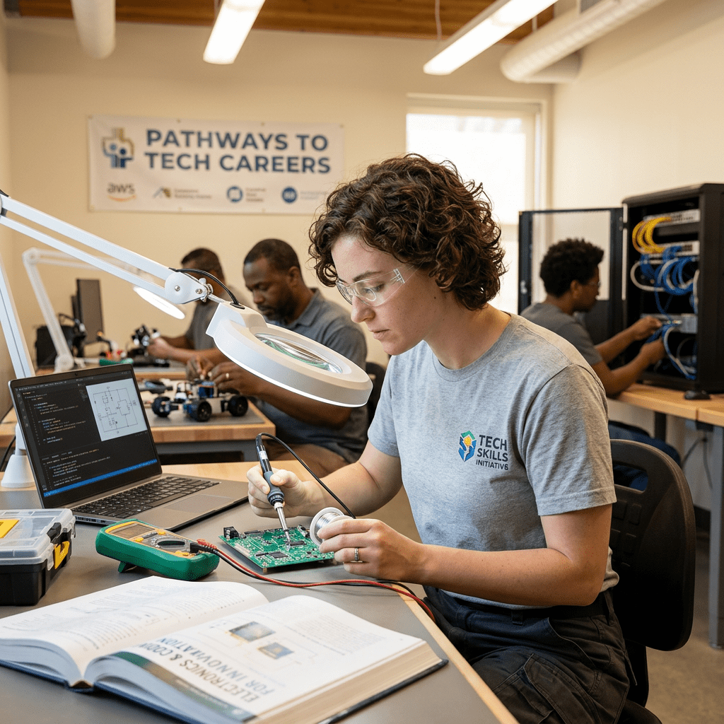 Student soldering circuit board in a classroom with electronics and networking equipment