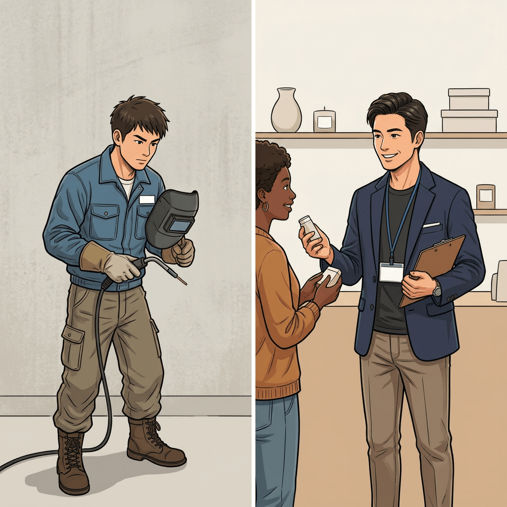 Young man welding in factory and same man later managing a lifestyle goods store